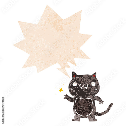 cartoon cat scratching and speech bubble in retro textured style