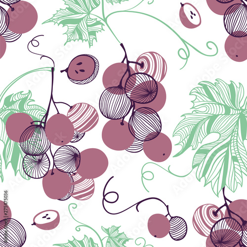Seamless pattern of violet grapes. Bunch and vine. Vector hand drawn illustration set in modern trendy flat style for web, print posters and wallpapers