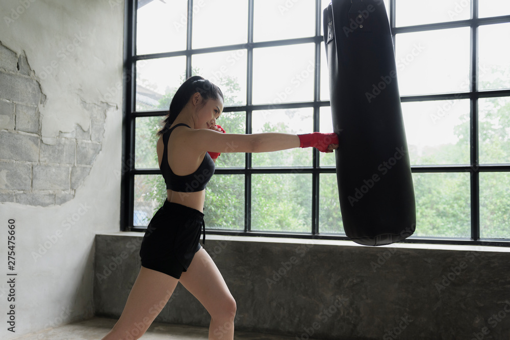  Girl in Fitness Sportswear and Punching Bags, Female Kickboxing Exercise in  Gym.