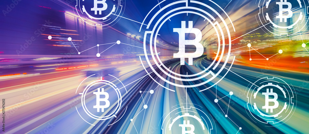 Fototapeta premium Bitcoin theme with abstract high speed technology POV motion blur