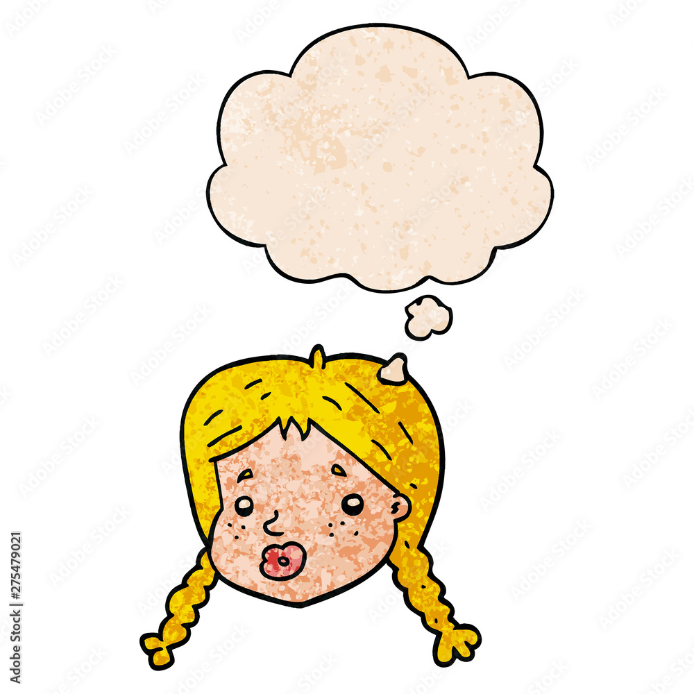 cartoon girls face and thought bubble in grunge texture pattern style cartoon girls face and thought bubble in grunge texture pattern style