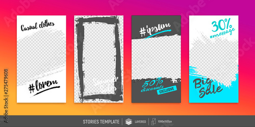 Editable templates for social media stories. Instagram story. Place for your photo and text.