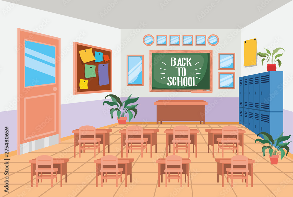 classroom school with chalkboard scene