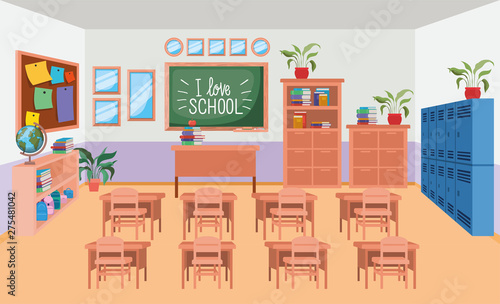 classroom school with chalkboard scene