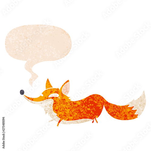 cartoon sly fox and speech bubble in retro textured style