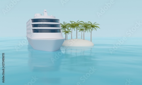 Cruise ship in the ocean near a tropical island with palm trees. 3d rendering