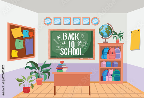 classroom school with chalkboard scene