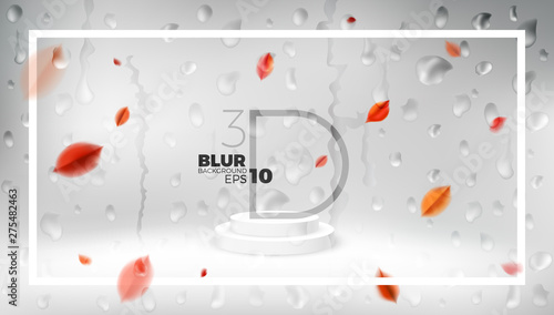 Autumn fall abstract studio background with red leaves, rain drops and product display podium vector design elements