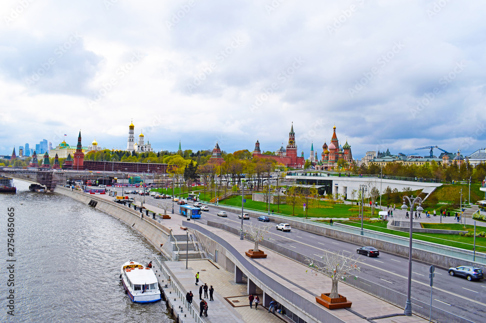 Moscow, Russia - may 2, 2019. Panoramic view of the city center: river, seafront, Kremlin, St. Basil's Cathedral, ancient temples and modern skyscrapers. Copy space.