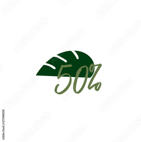 Vector icon - summer big sale 50% of the triad leaf monstera. Black Friday - Shopping Day