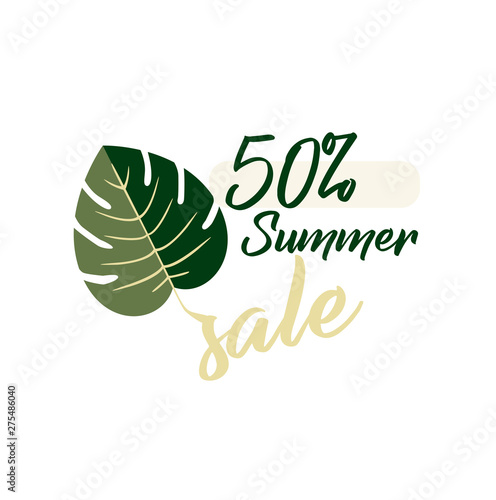 Vector icon - summer big sale 50% of the triad leaf monstera. Black Friday - shopping day. Stylish flat logo for online shopping - business idea