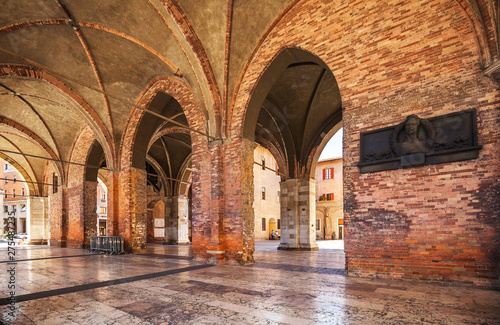 Arcades of the Gothic palace in the center of Piacenza photo