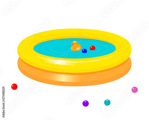 Inflatable pool with water and children's toys - balls and duck.