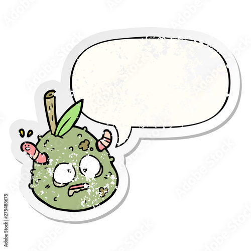 cartoon rotting old pear and worm and speech bubble distressed sticker