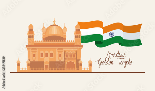 indian amritsar golden temple with flag