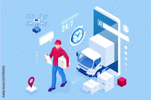 Isometric Logistics and Delivery concept. Delivery home and office. City logistics. Warehouse, truck, forklift, courier, drone and delivery man.