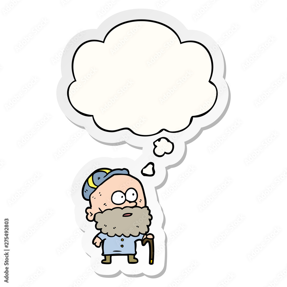 cartoon old man with walking stick and thought bubble as a printed sticker cartoon old man with walking stick and thought bubble as a printed sticker