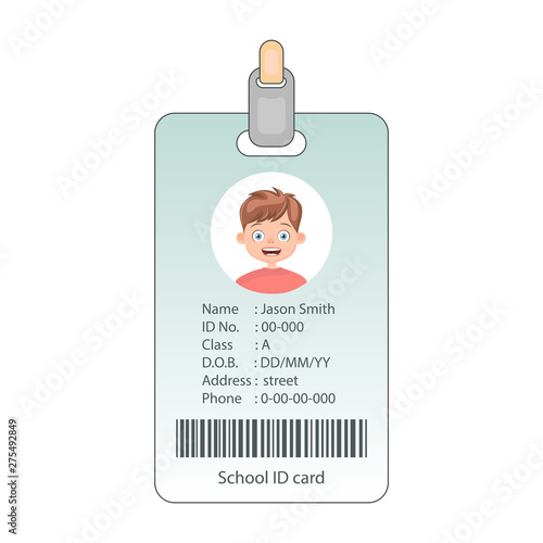 Student ID with photo. School identity card. Personal identification card. Student id card, identification card, identity verification, person data.