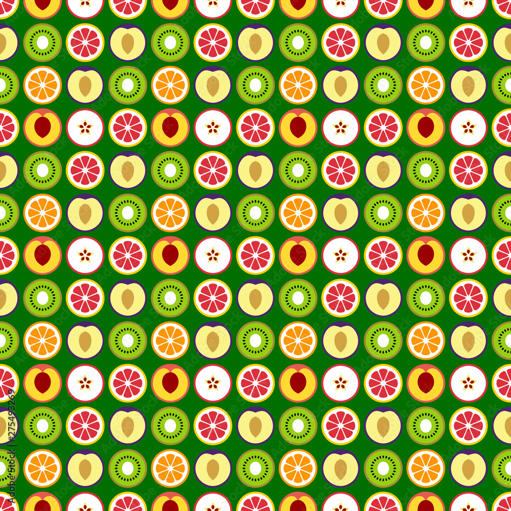 Fruit seamless pattern. Simple vector fruits on a green background. Fruit seamless pattern. Simple vector fruits on a green background.