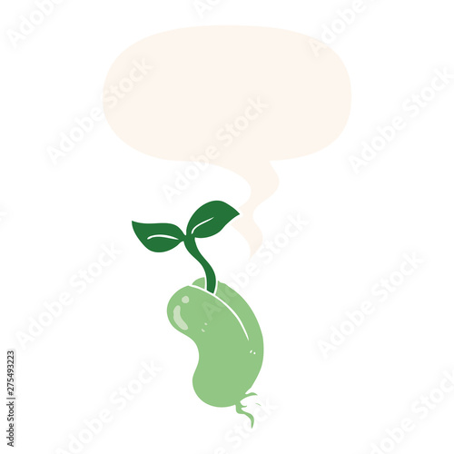 cartoon sprouting seed and speech bubble in retro style