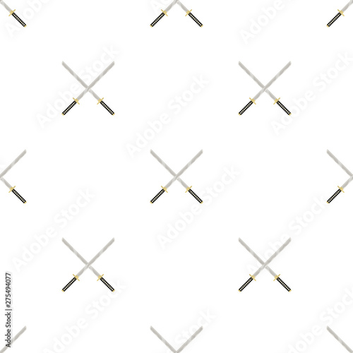 Seamless pattern with crossed katana weapon icons. Ninja weapon. Samurai equipment. Cartoon style. Vector illustration for design, web, wrapping paper, fabric, wallpaper.