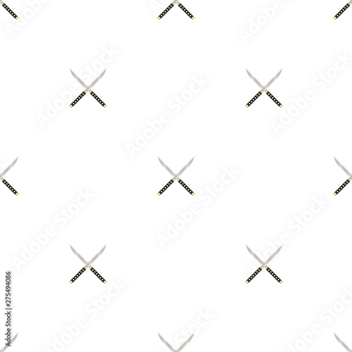 Seamless pattern with crossed knife weapon icons. Ninja weapon. Samurai equipment. Cartoon style. Vector illustration for design, web, wrapping paper, fabric, wallpaper.