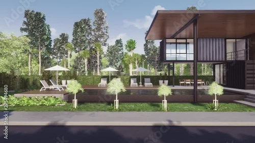 Sliding shot of container house with swimming pool. 3D render