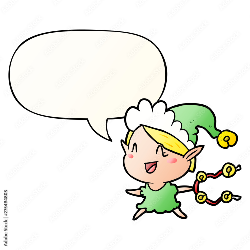 cartoon happy christmas elf and speech bubble in smooth gradient style cartoon happy christmas elf and speech bubble in smooth gradient style