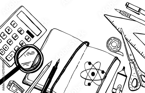 School items. Top view of pupil's table. Hand drawn outline doodle sketch vector illustration