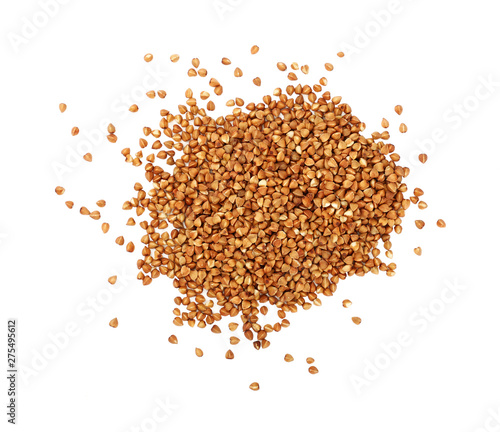 Close up heap of dried buckwheat isolated on white