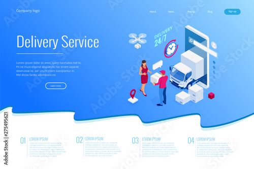 Isometric Logistics and Delivery concept. Delivery home and office. City logistics. Warehouse, truck, forklift, courier, drone and delivery man.