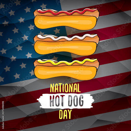 National hot dog day poster with funny cartoon hot dog. Hot dog day label or print for tee isolated on usa flag background.