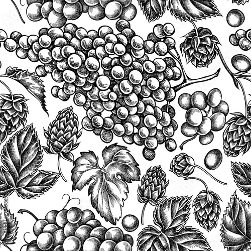 Seamless pattern with black and white grapes, hop