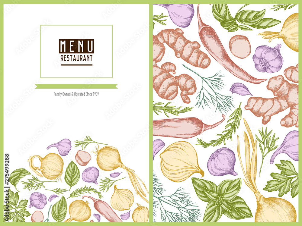Menu cover floral design with pastel onion, garlic, pepper, greenery, ginger, basil, rosemary