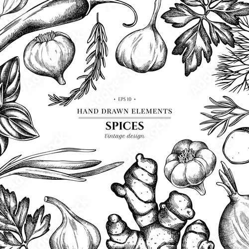 Floral design with black and white onion, garlic, pepper, greenery, ginger, basil, rosemary
