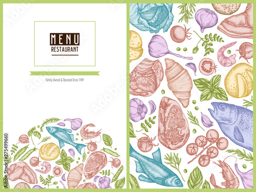 Menu cover floral design with pastel garlic, cherry tomatoes, peas, fish, shrimp, cabbage, beef, buns and bread, croissants and bread, basil, rosemary