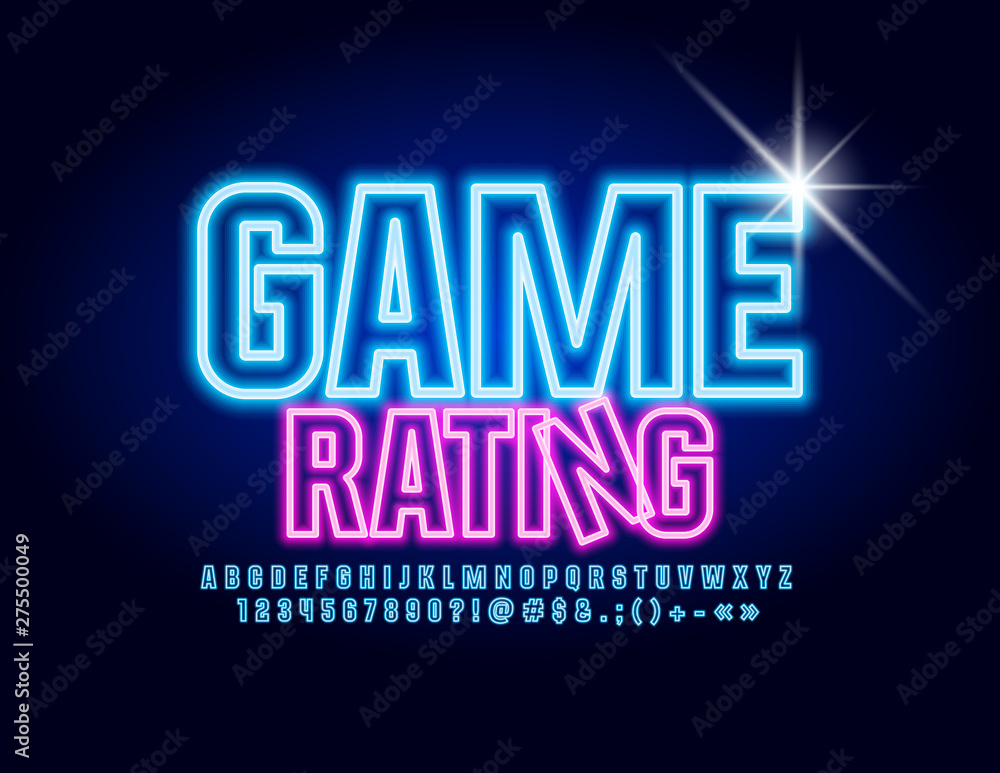 Fototapeta premium Vector neon glowing sign Game Rating with Uppercase Blue illuminated Font. Glowing Alphabet Letters, Numbers and Symbols
