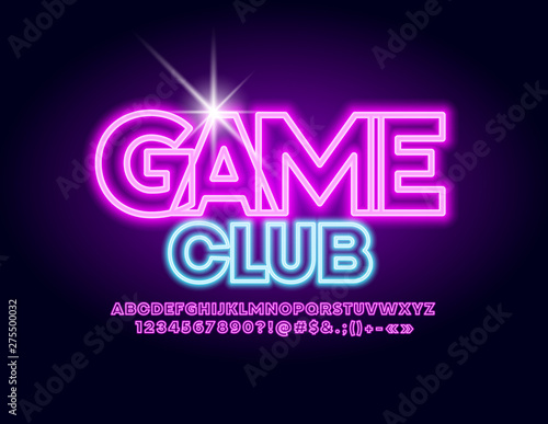 Vector bright banner Game Club with Neon glowing Font. Uppercase Illuminated Alphabet. Violet Letters, Numbers and Symbols