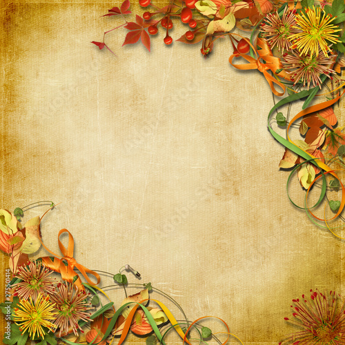 Vintage background with autumn bouquet of flowers and berries with copy space