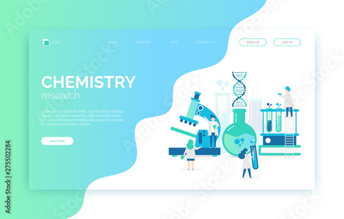 Chemical laboratory illustration with scientists, microscope, tubes, dna, researches.