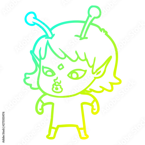cold gradient line drawing pretty cartoon alien girl