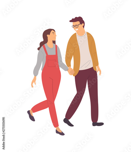 Students in love isolated people in cartoon style. Vector girl in red overalls and boy in glasses walking and holding hands. Flat design of teenagers lovers