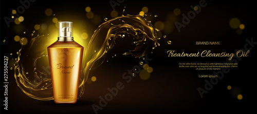 Cosmetics oil for cleansing treatment bottle mockup on dark background with gold liquid droplets splash. Beauty cosmetic product advertising promo template for magazine. Realistic 3d vector, ad banner