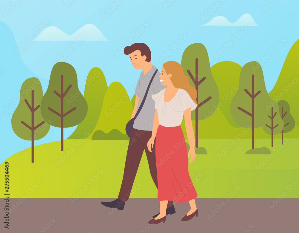 Couple walking together in green summer or spring park, cartoon characters. Vector guy with sack and blonde girl in long red skirt, dating man and woman Couple walking together in green summer or spring park, cartoon characters. Vector guy with sack and blonde girl in long red skirt, dating man and woman