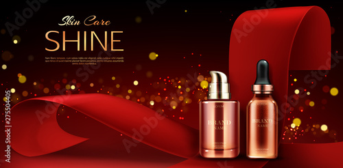 Cosmetics bottles mockup, skin care beauty product line, serum and oil tubes on red background with ribbon and gold sparkles, natural cosmetic advertising promo banner Realistic 3d vector illustration