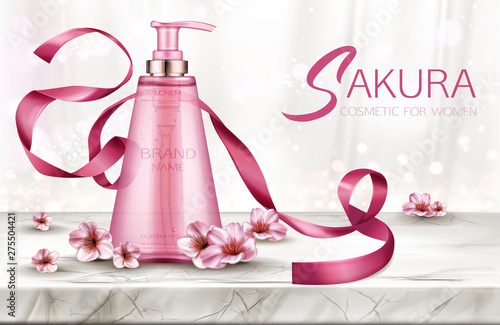 Sakura cosmetics sprayer bottle mock up, empty liquid soap or gel tube with pump, ribbon and pink flowers on marble table top with white silk curtains, skin care product. Realistic 3d vector ad banner