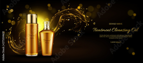 Cosmetics oil bottles mockup. Beauty cosmetic product line for cleansing treatment on dark background with gold liquid droplets splash. Advertising promo for magazine. Realistic 3d vector, ad banner