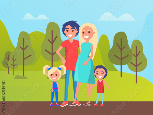 Park nature vector, father and mother with kids, children people smiling. Happy woman, pregnant lady glowing with happiness. Meadows with trees and bushes