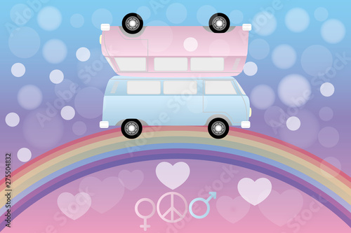 Two cars in love over the rainbow with bubbles  gender and peace sign