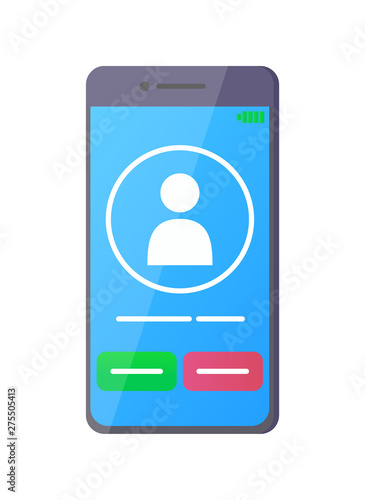 Mobile phone vector, big smartphone isolated gadget with screen. Monitor showing incoming call and options buttons to answer and cancel, touchscreen